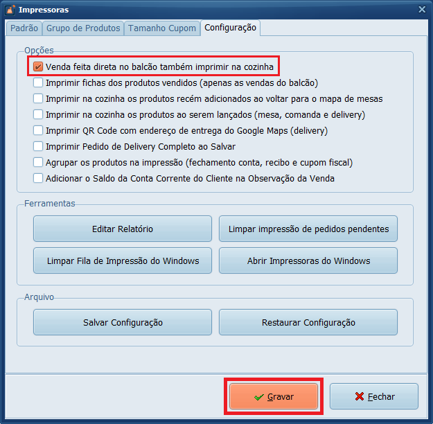 Venda feita direta no balcção também imprimir na cozinha