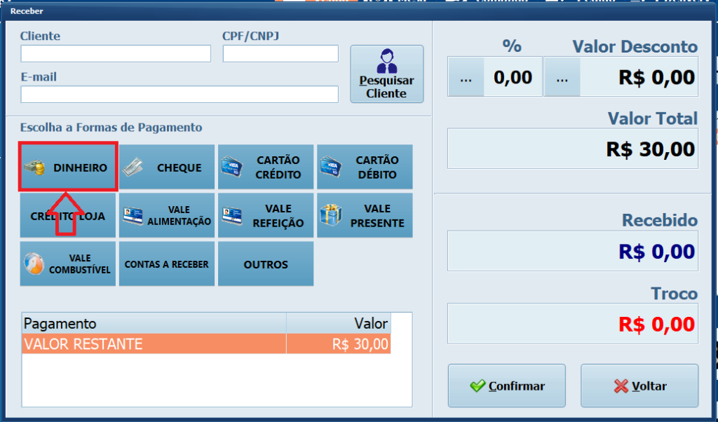 FORMA DE PAGAMENTO DINHEIRO