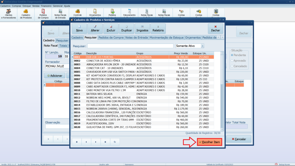 Escolher-item-da-nota-de-entrada | Datacaixa