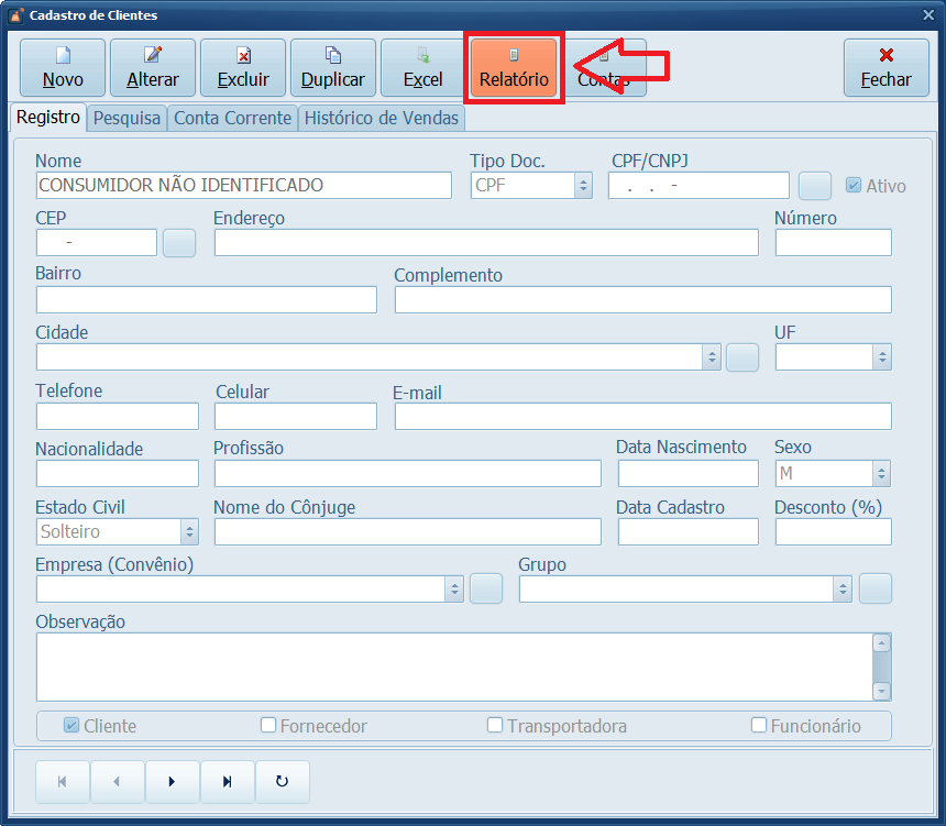 Clique em Relatório de Clientes