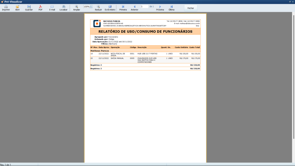 Relatório de uso/consumo de funcionários