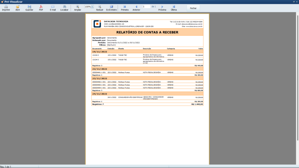 Relatório de contas a receber