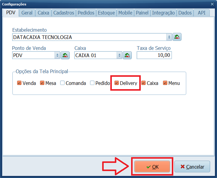 Configurações Habilitando Delivery