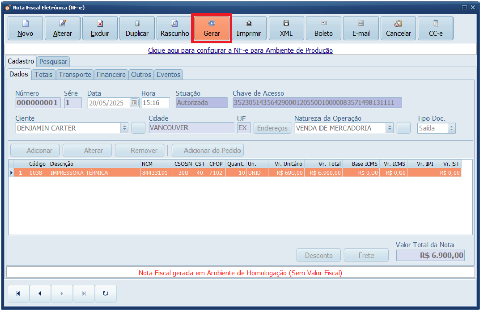 NF-e autorizada_Exterior_Gestão | Datacaixa