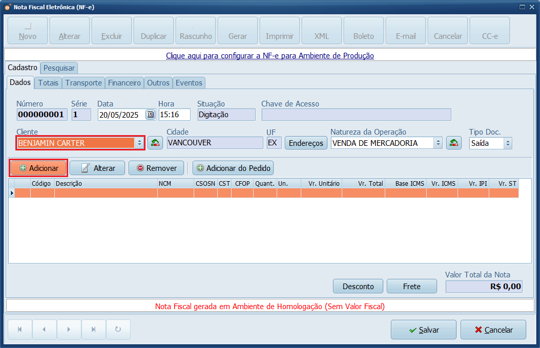 NF-e_Exterior_Cliente_Adicionar produto_Gestão | Datacaixa NF-e para o Exterior