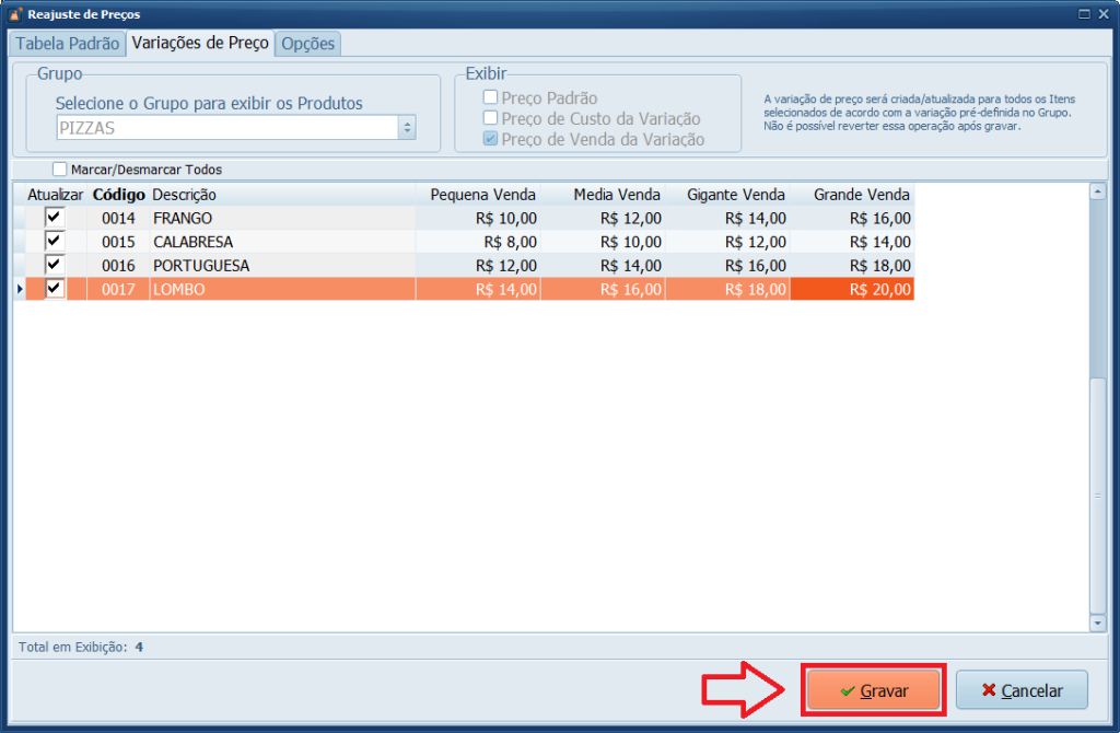 Variações de Preço Gravar