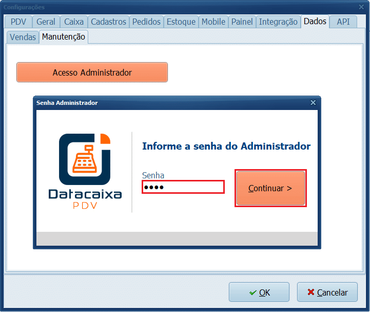 Informe a senha do administrador_Confirmar | Datacaixa