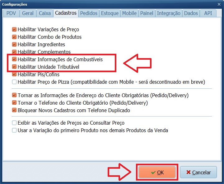 Configurações Cadastros