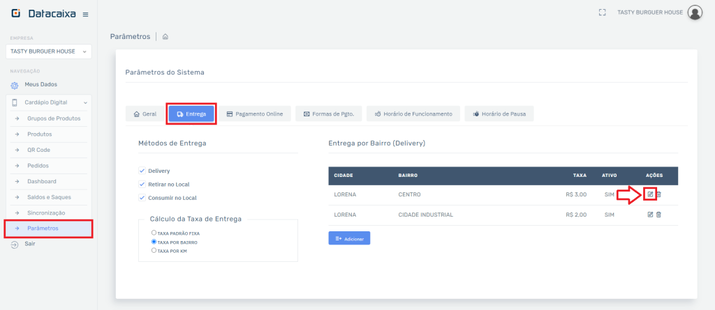 Taxa de Entrega Bairro Editar no Cardápio
