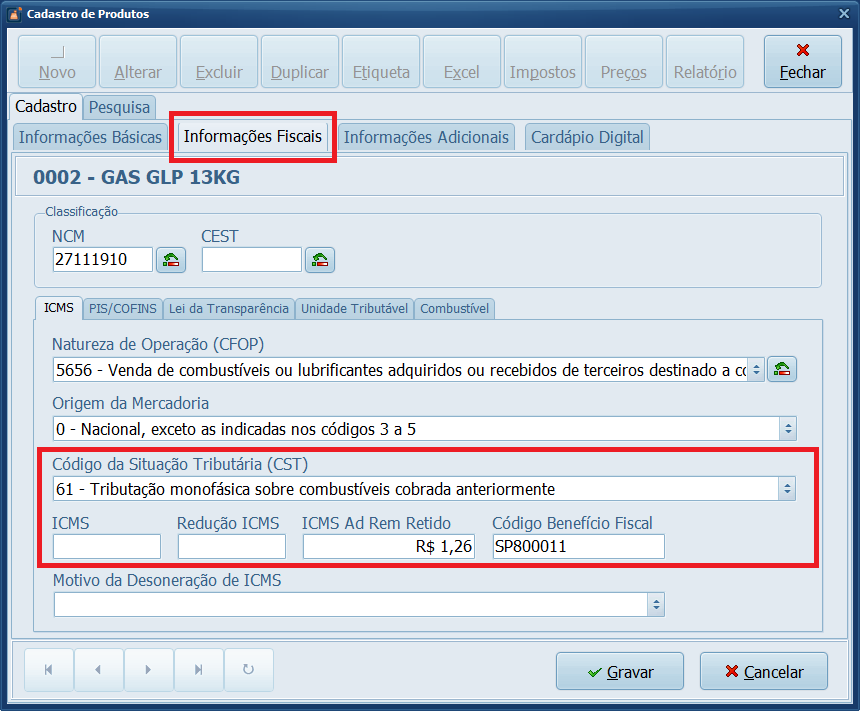 Informações Fiscais ICMS GLP