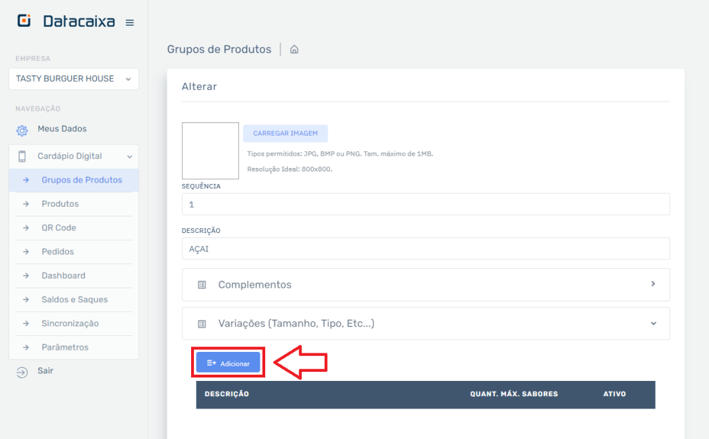 Grupo Variações Adicionar no Cardápio