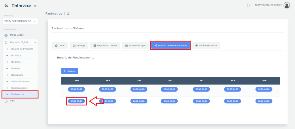 Horário de Funcionamento Editar no Cardápio