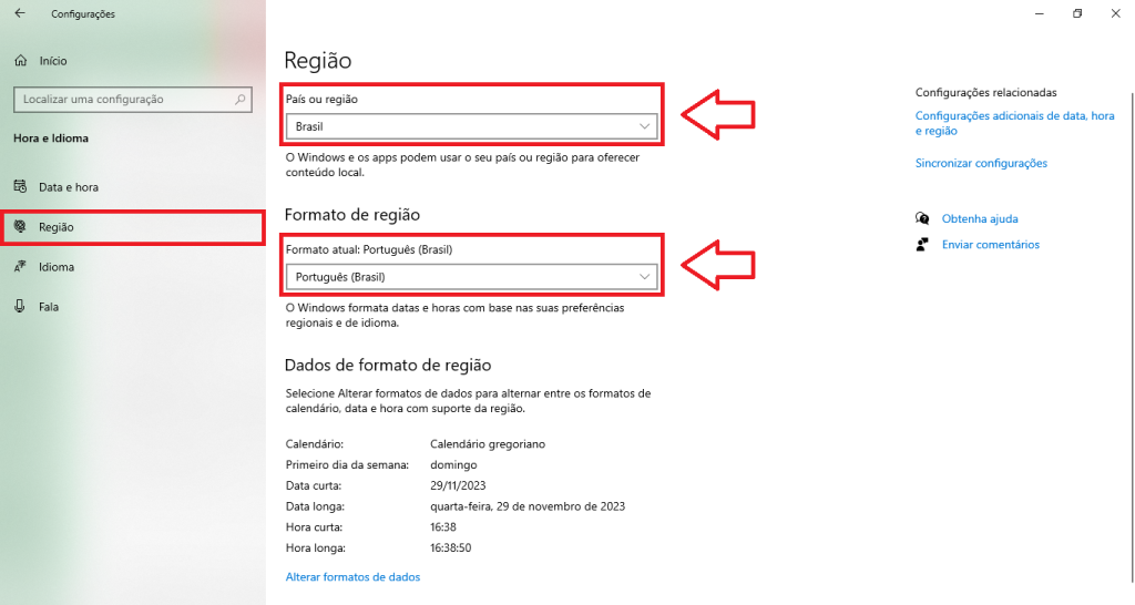 Configurações Região e Formato de região