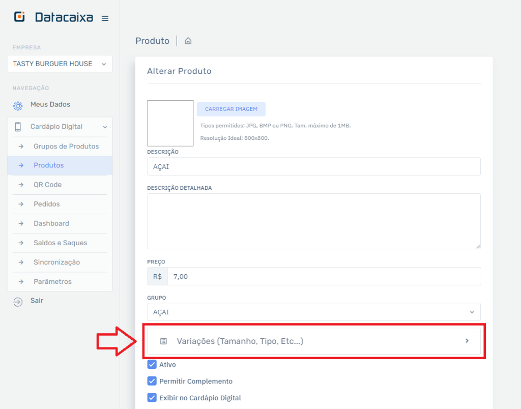 Produto Variações no Cardápio