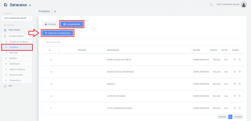 Adicionar Complementos Cardápio