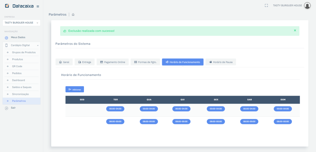 Horário de Funcionamento Exclusão Realizada com Sucesso no Cardápio