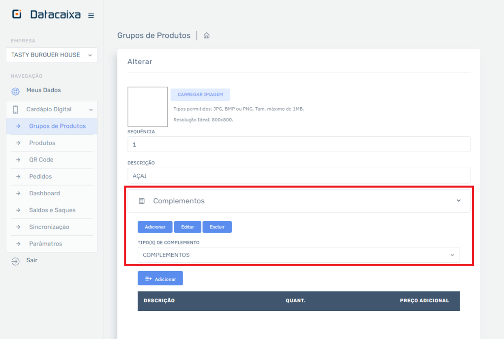 Informações Complementos no Cardápio