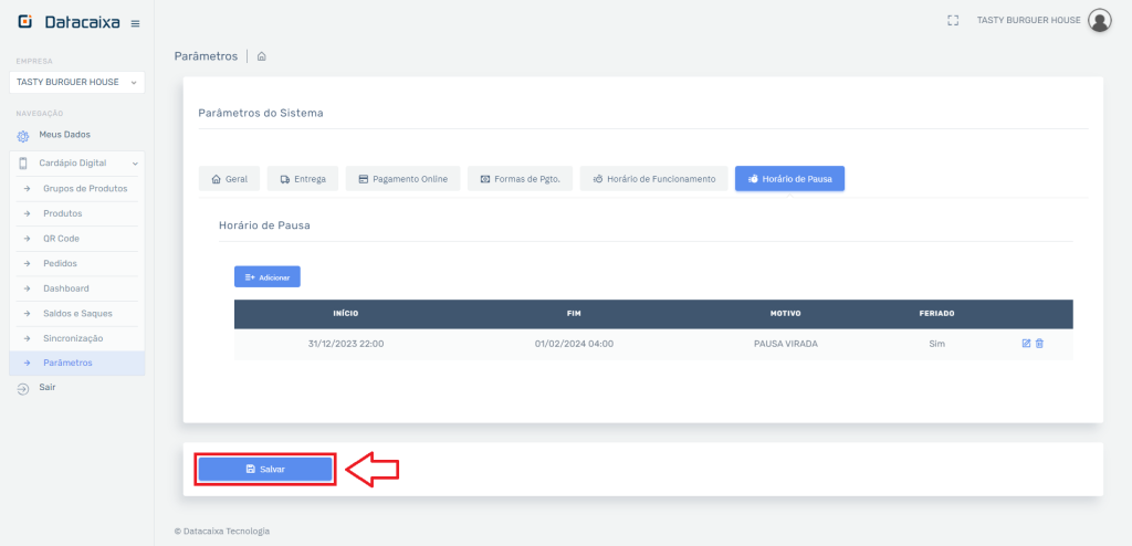 Horário de Pausa Aplicar no Cardápio