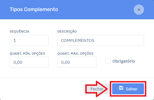 Tipos Complemento no Cardápio