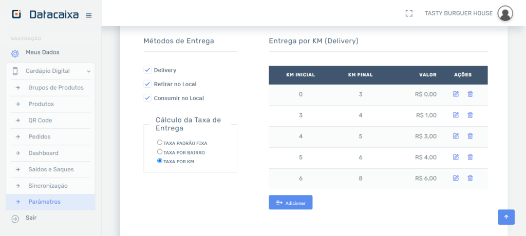 Taxa KM Cadastrado no Cardápio
