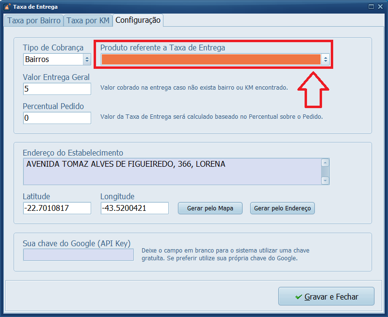 Taxa de Entrega Configuração Produto referente a Taxa de Entrega