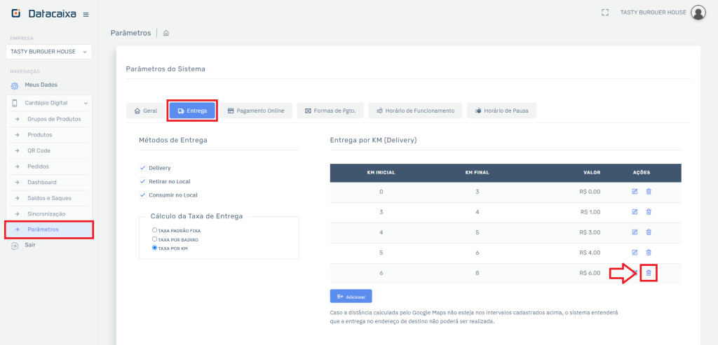 Taxa KM Excluir no Cardápio