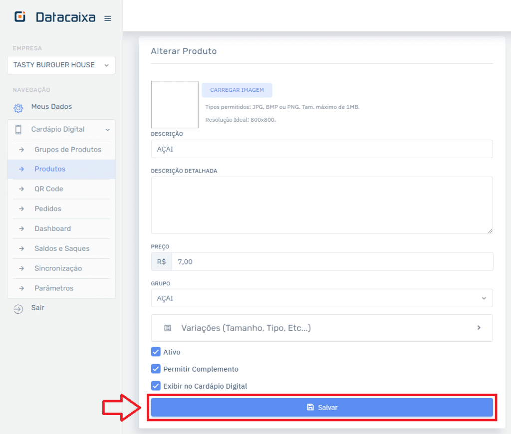 Alterar Produto Salvar Cardápio