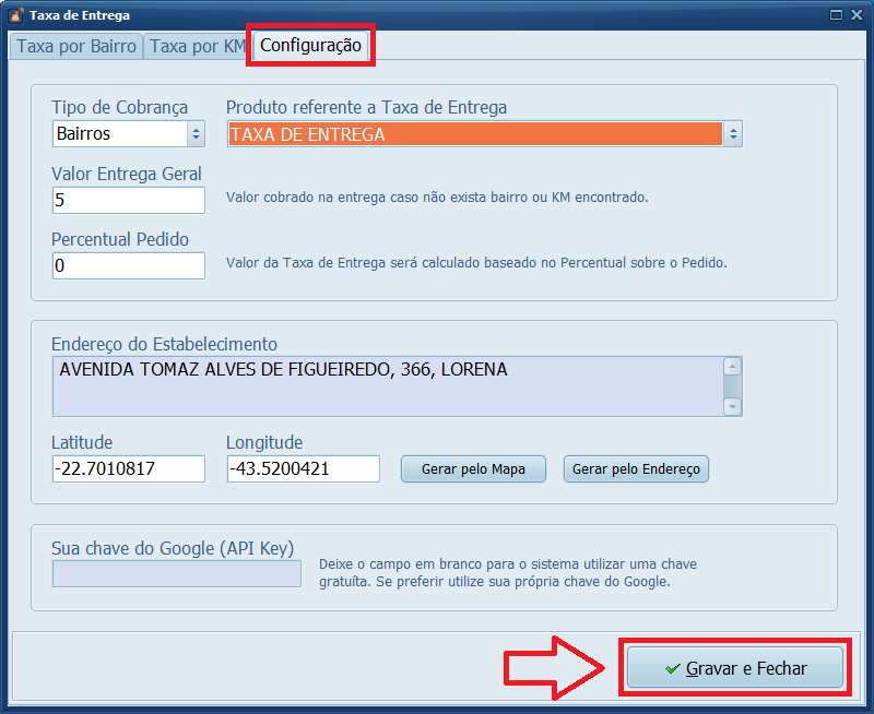 Taxa de Entrega Configuração Gravar e Fechar