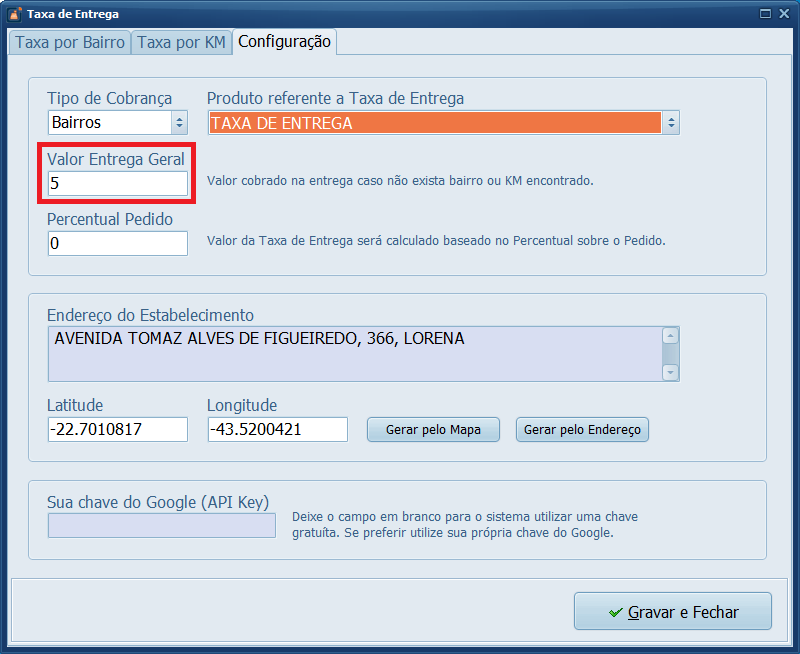 Taxa de Entrega Configuração Valor Entrega Geral