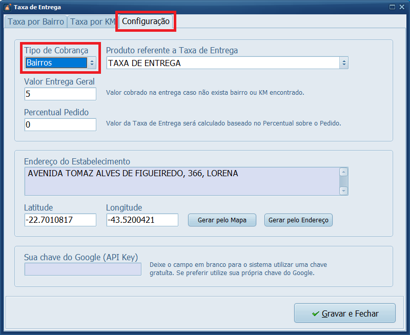 Taxa de Entrega Configuração Tipo de Cobrança