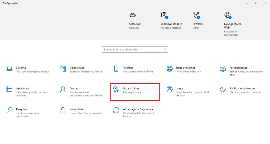 Configurações Hora e Idioma