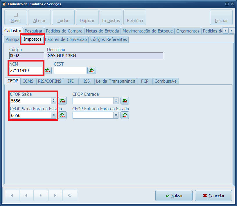 GLP NCM CFOP no Gestão