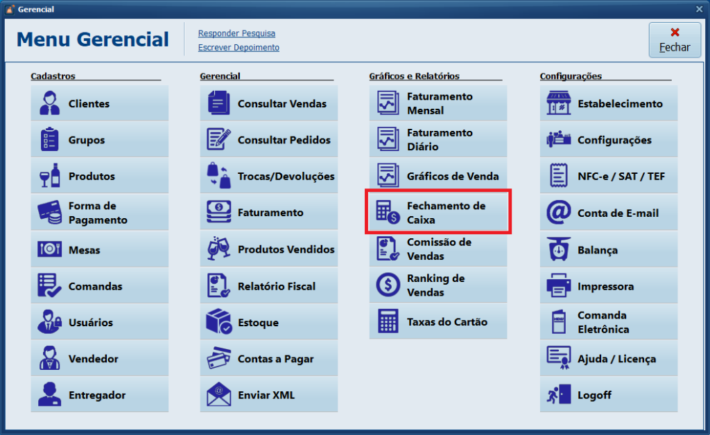 Fechamento de Caixa no Menu Gerencial
