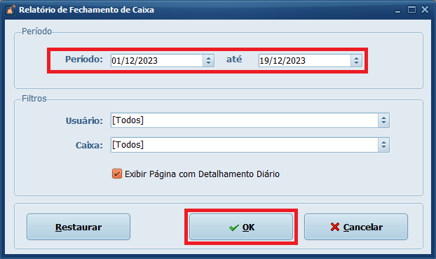 Relatório de Fechamento Caixa