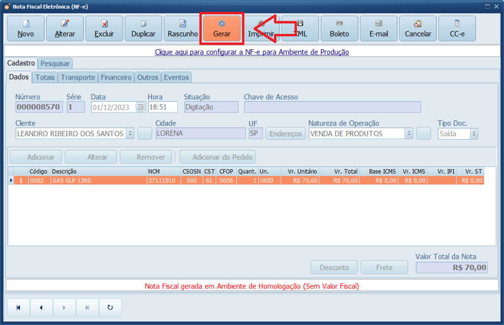 Gerar NFe GLP