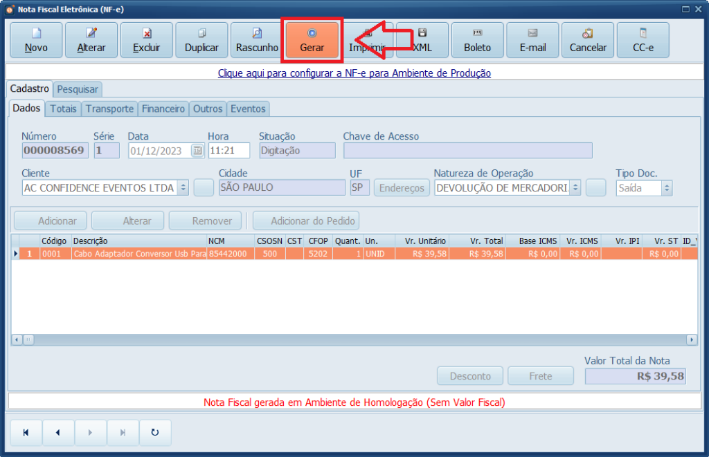 Gerar NFe Devolução