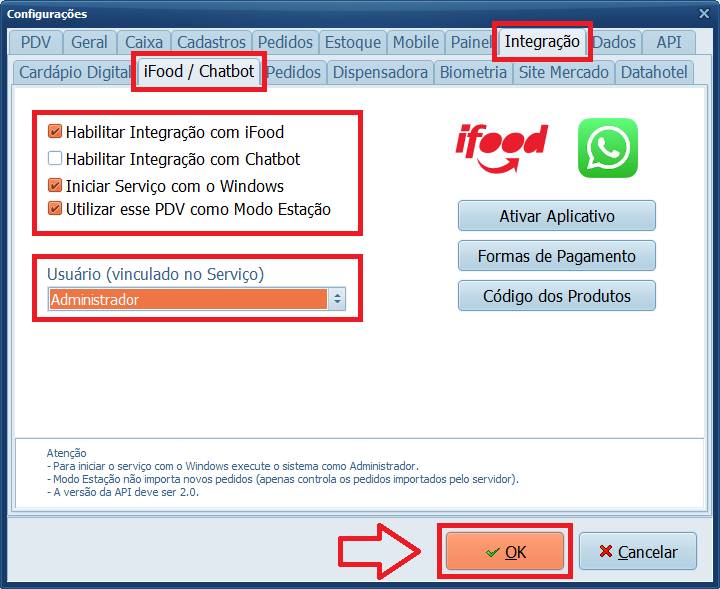 Configurações aba Integração iFood Chatbot Parâmetros e Usuário