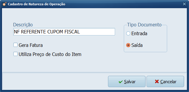 Natureza de Operação NF REFERENTE CUPOM FISCAL