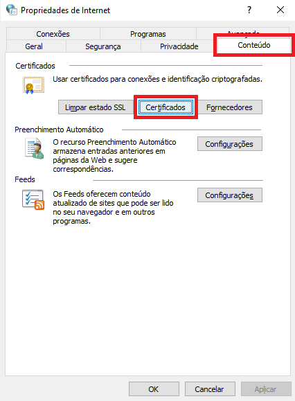 Propriedades da Internet aba Conteúdo e Certificados