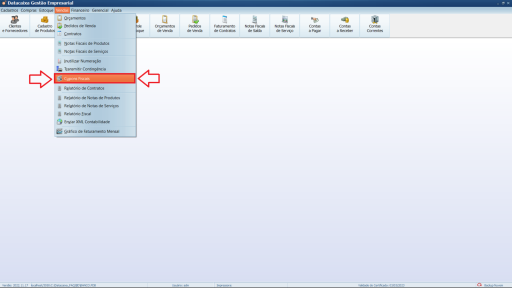 Menu Vendas Configurações Fiscais | Datacaixa Tecnologia Menu Vendas Configurações Fiscais