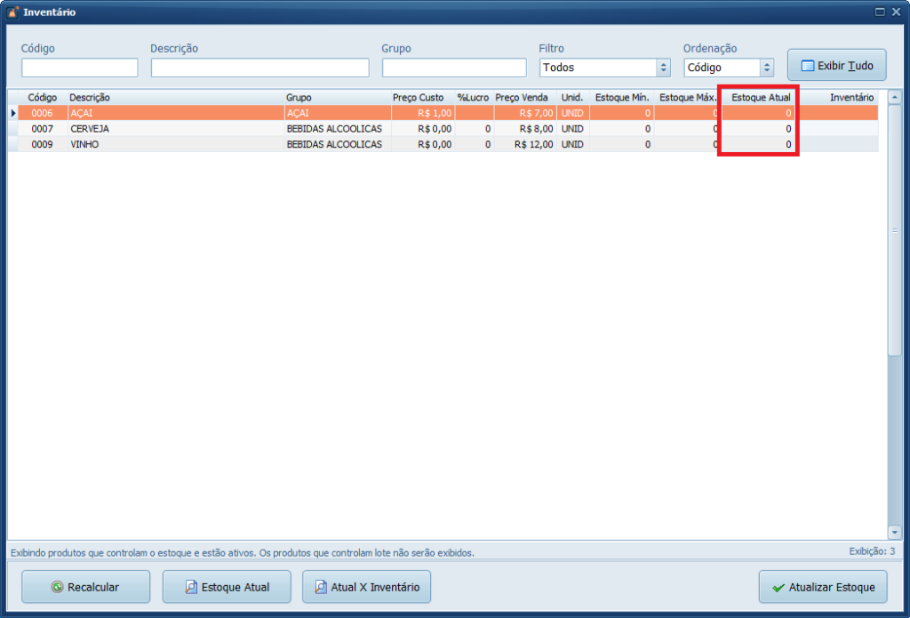 Estoque Atual atualizado em Zero