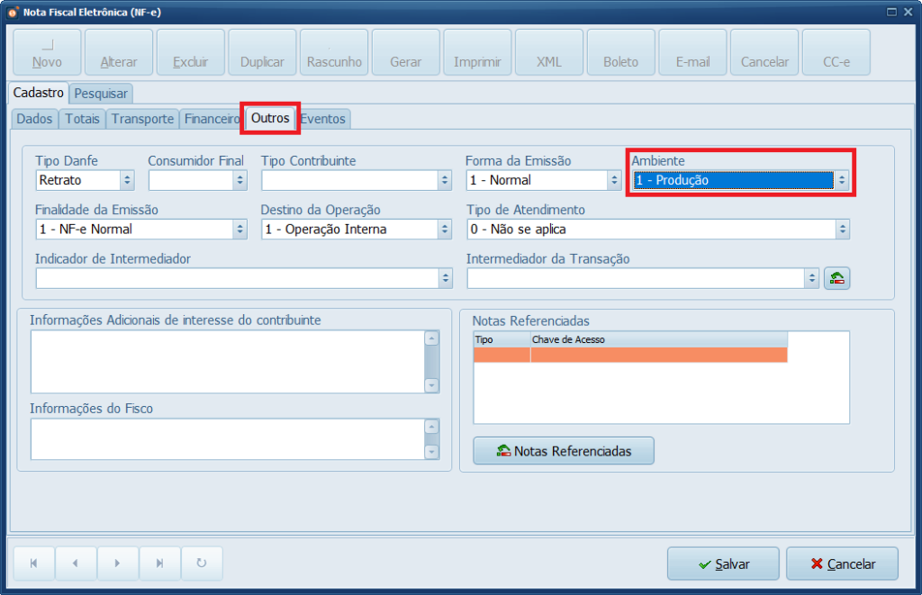 Aba Outros Ambiente Produção NFe