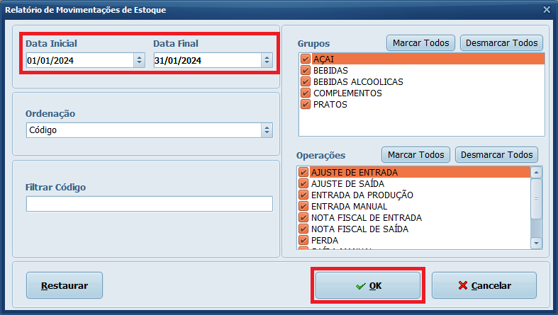 Relatório de Movimentações de Estoque Filtros