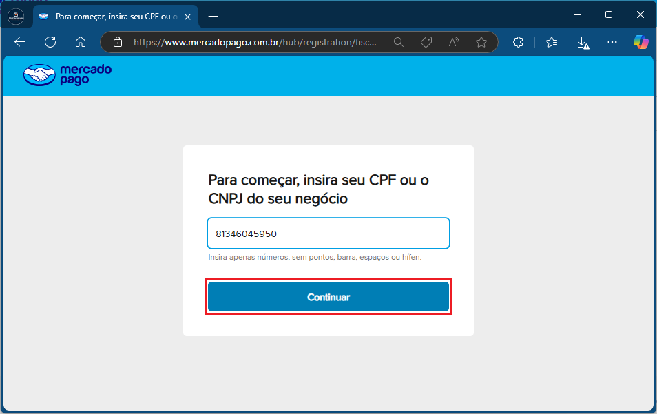 Insira seu CPF ou CNPJ do seu negócio.