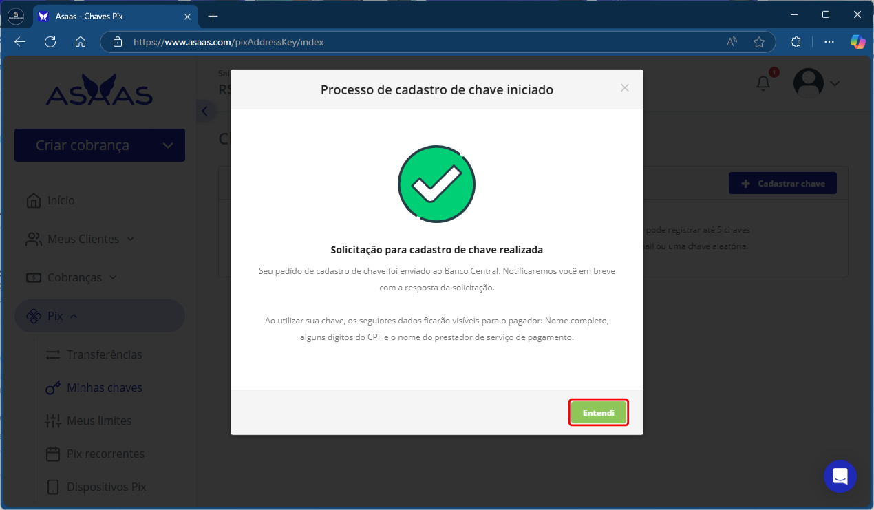 Cadastro de chave aleatória_Asaas_Entendi 1 | Datacaixa Tecnologia