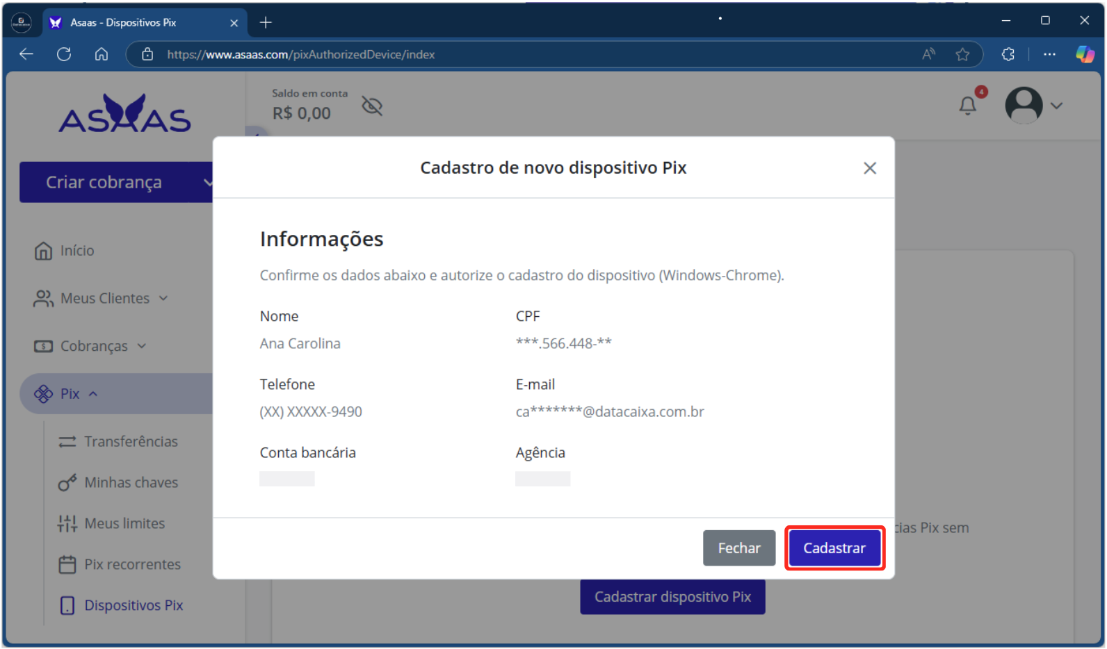 Cadastro de novo dispositivo_Pix_Asaas | Datacaixa Tecnologia