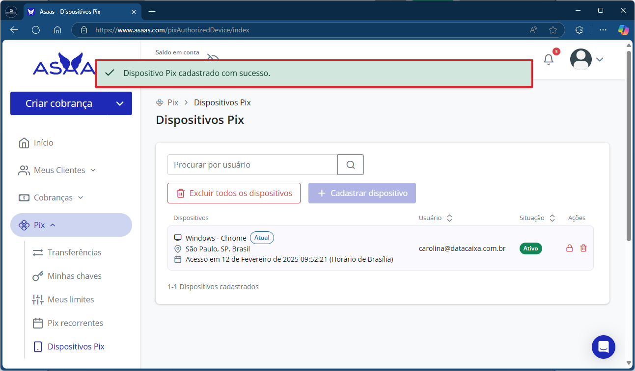 Dispositivo Pix cadastrado com sucesso_Asaas_Pix | Datacaixa Tecnologia