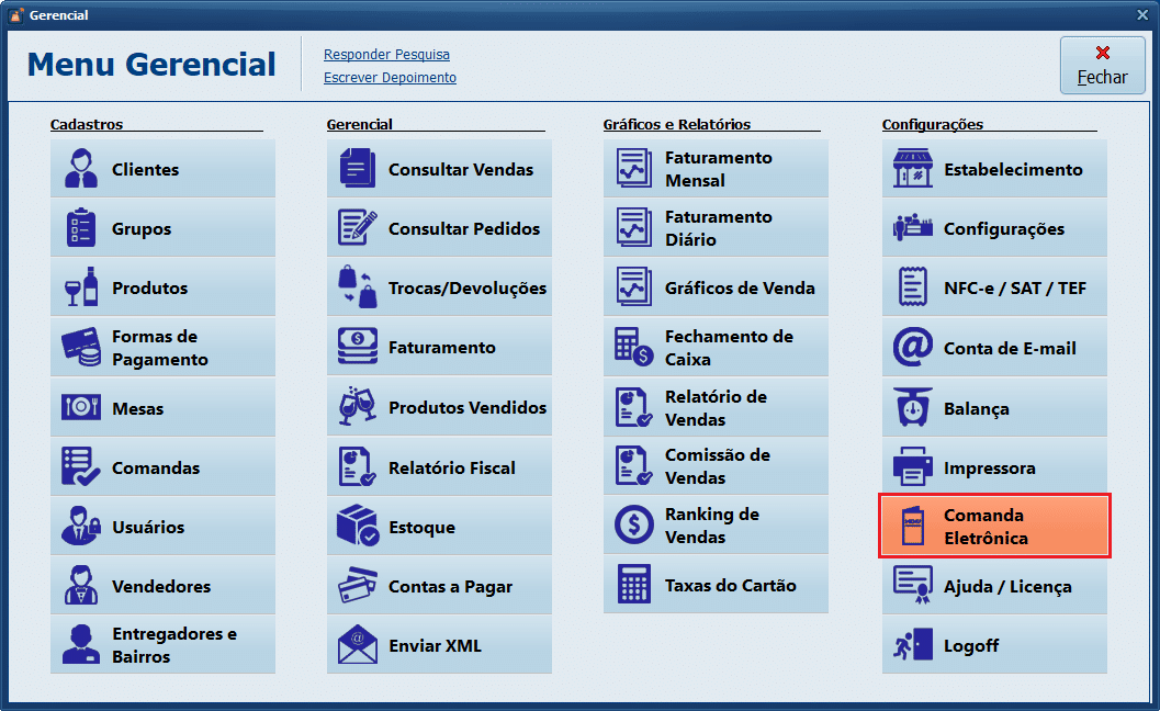 Comanda Eletrônica_2025_Servidor Mobile | Datacaixa Tecnologia Datacaixa PDV - Menu Gerencial > Comanda Eletrônica