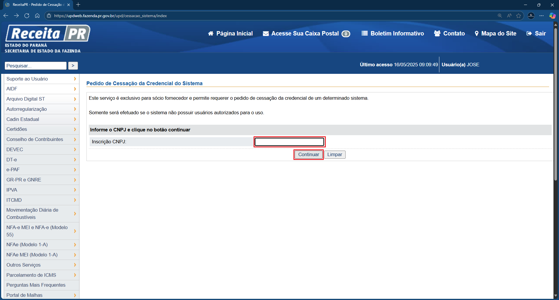 CNPJ_continuar_Portal Sefaz_PR | Datacaixa