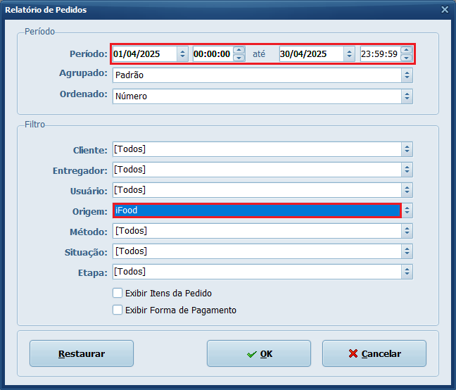 Reltatório de Pedidos_Filtros iFood_pdv | Datacaixa iFood